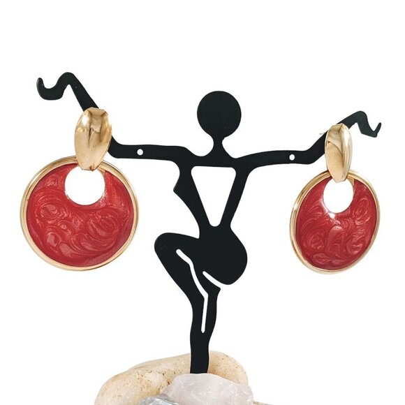 Vintage Enameled Swirls Door Knocker Pierced Earrings - Picture 2 of 8